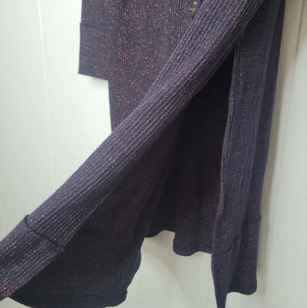 Free People We The Free Long Cardigan Duster Sweater Ribbed Button Up Glitter MD - Picture 9 of 12